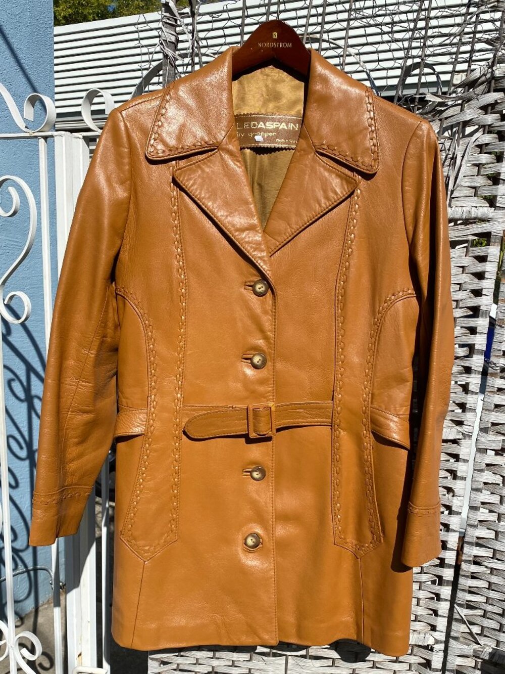 1970s Vintage Belted Leather Jacket Coat Brown LEDASPAIN Gropper Made in Spain